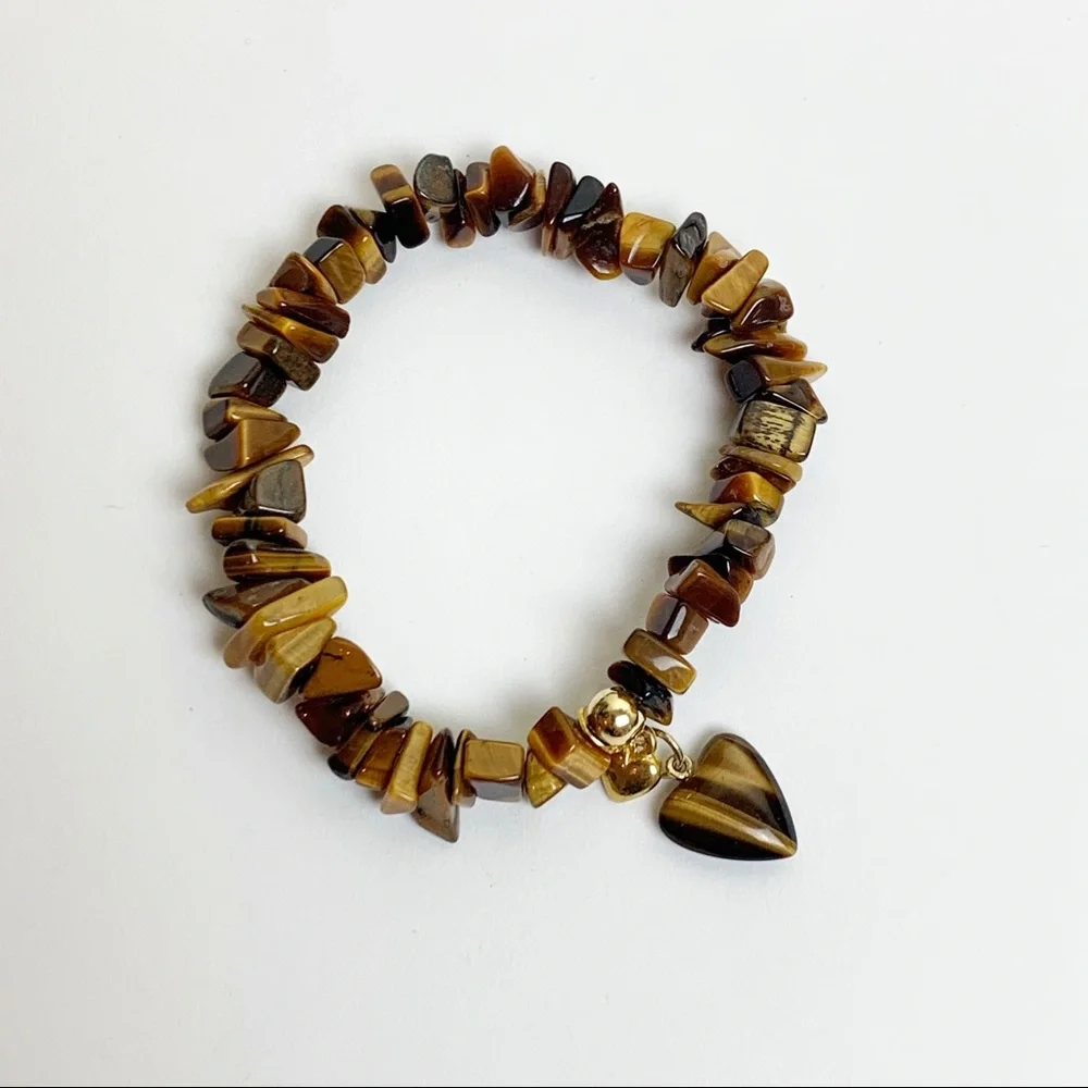 Tigers Eye Chip Stretch Bracelet with Heart Charm